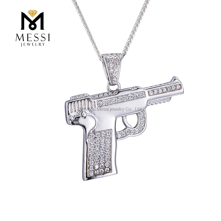 Messi Jewelry 925 Silver Jewelry Iced Out Cz Stone Pendant Hip-Hop Gun Chain Necklace for Men