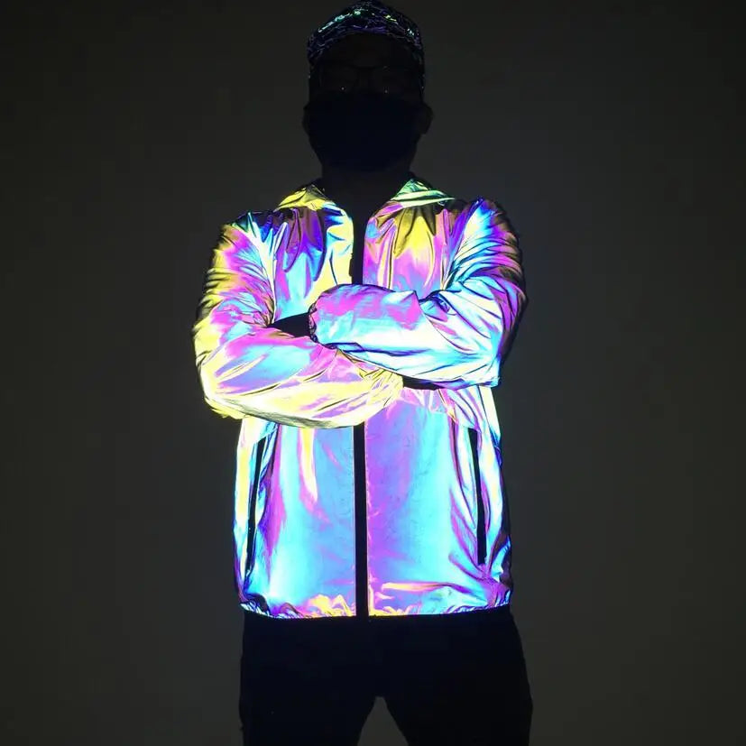Wholesale Men Winter High Bright Vision Hip Hop Windproof rainbow Hooded Iridescent Reflective Jacket Night Sporting Safety Coat