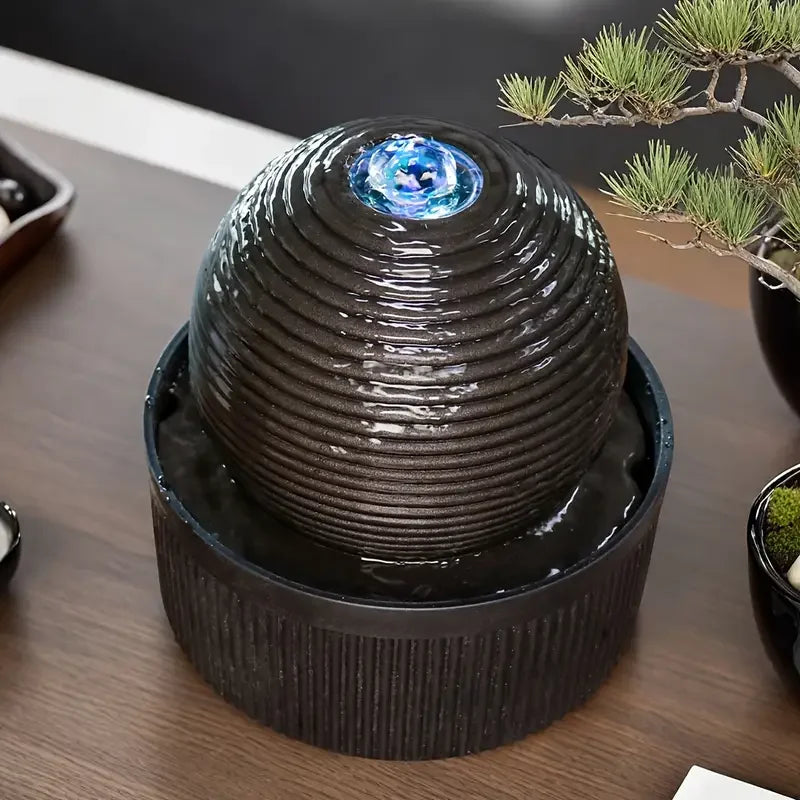 Modern Irregular Resin Fountain LED Light Rotating Water Feature Zen-Style Tabletop Decor Grooved Texture Design Model