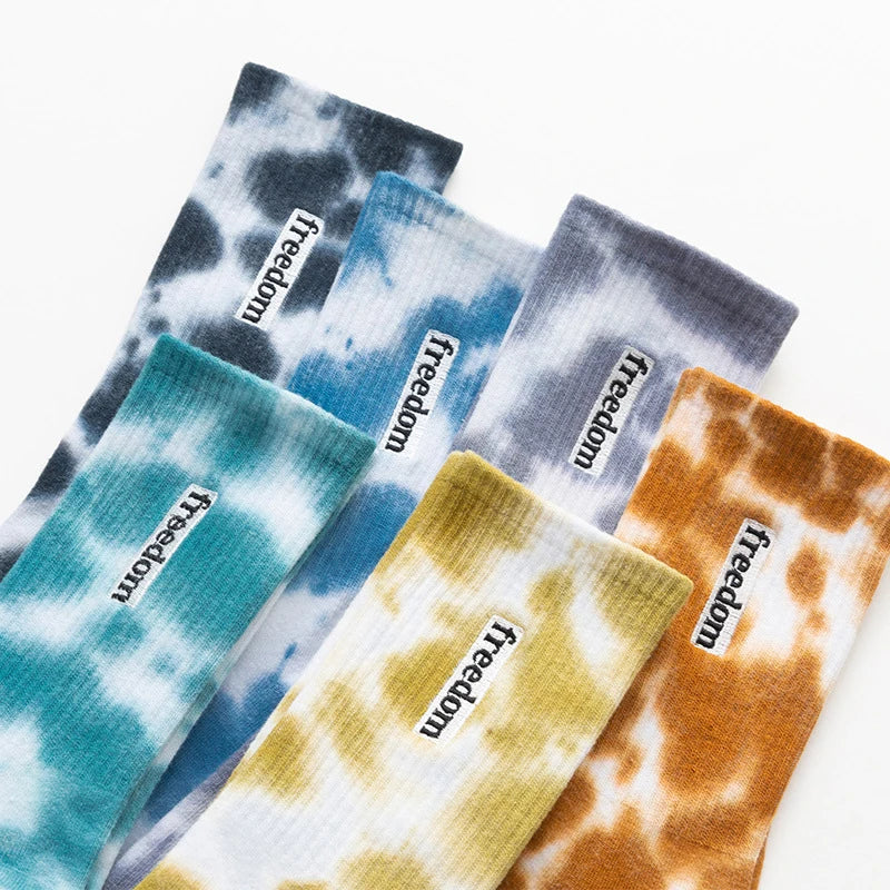 Wholesale High Quality Tie Dye Freedom Embroidered Crew Socks Street Designer Cotton Sport Casual Hip Hop Socks for Men
