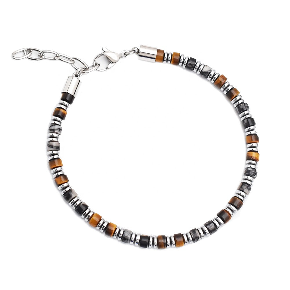 Handmade 4*2mm Cylindrical Yellow Tiger Eye Bracelet Unisex Adjustable Stainless Steel Chain Daily Wear Jewelry