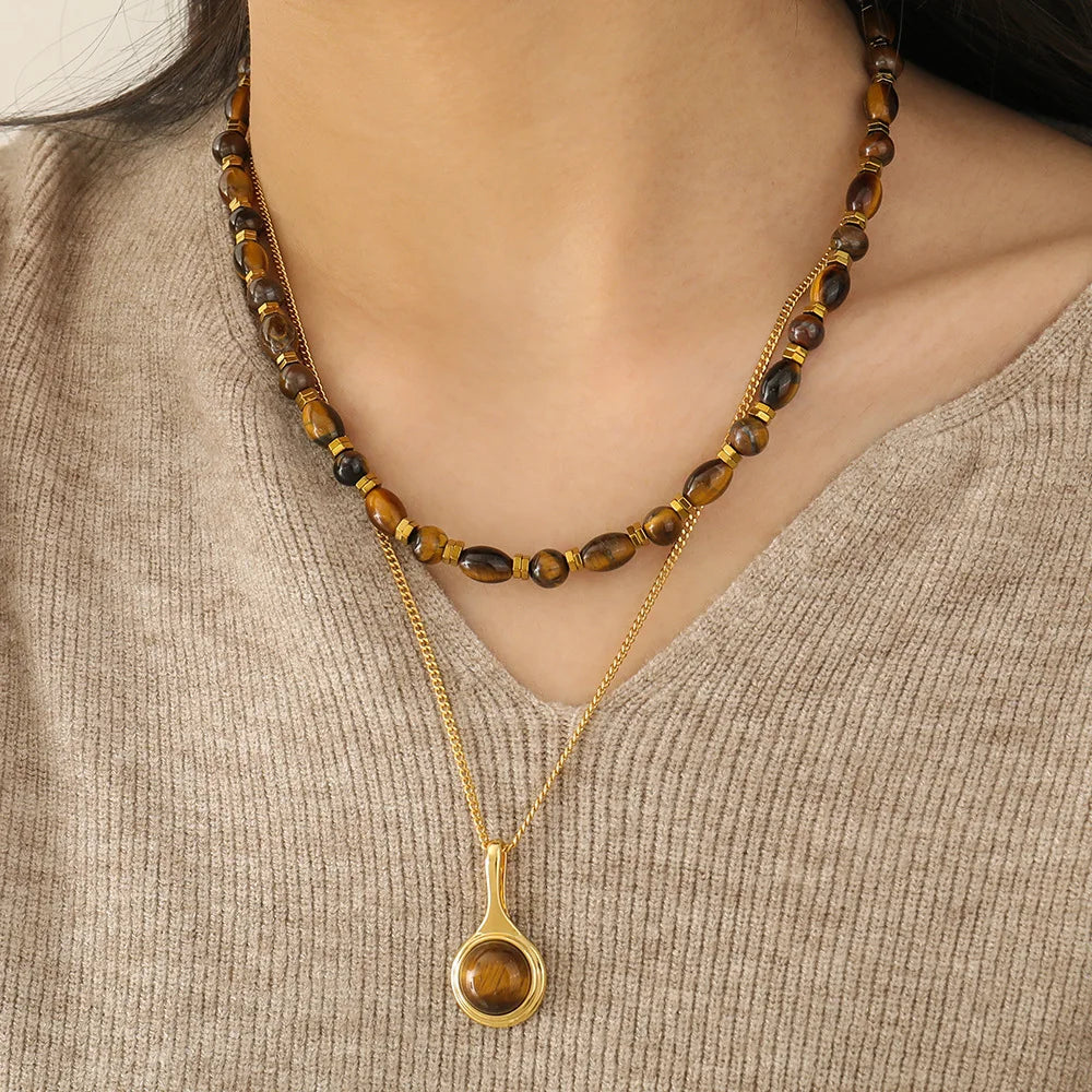 Fashion Real Gold Plated Waterproof Non Tarnish Pendants Handmade Natural Amber Necklaces with Beads