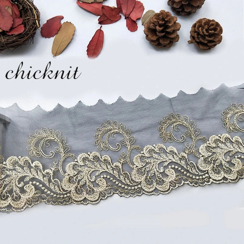 Hot Selling Eco-Friendly 90mm Black Mesh Golden Matelic Yarn Embroidery Lace Trim for Sewing DIY Doll Dress Shoes & Bags