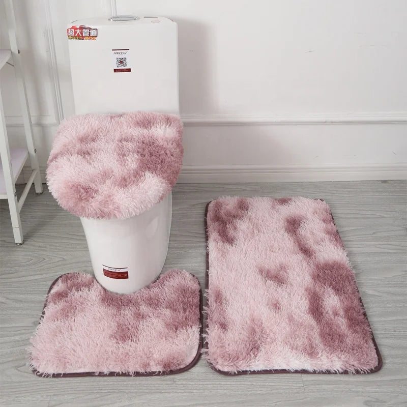 Wholesale Tie-Dye Long Plush Toilet Three-Piece Non-Slip Foot Mat Bathroom Bath Mat Sets Absorbent Set