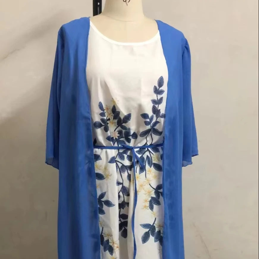 M-5XL Spring and Autumn Fashion Elegant Lace Chiffon Dress Two Piece Set