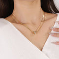Stainless Steel 18K Gold Double Layer Snake Bone Chain Choker Rotating Zircon Hoop Pendant Necklace