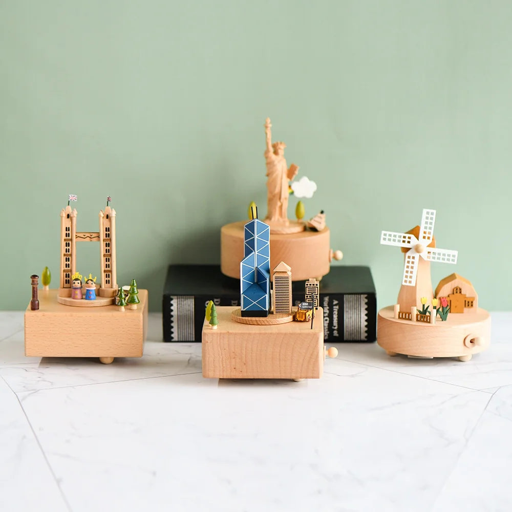 Factory Various World Famous Buildings Beech Music Box Christmas Decoration Beech Wooden Music Box
