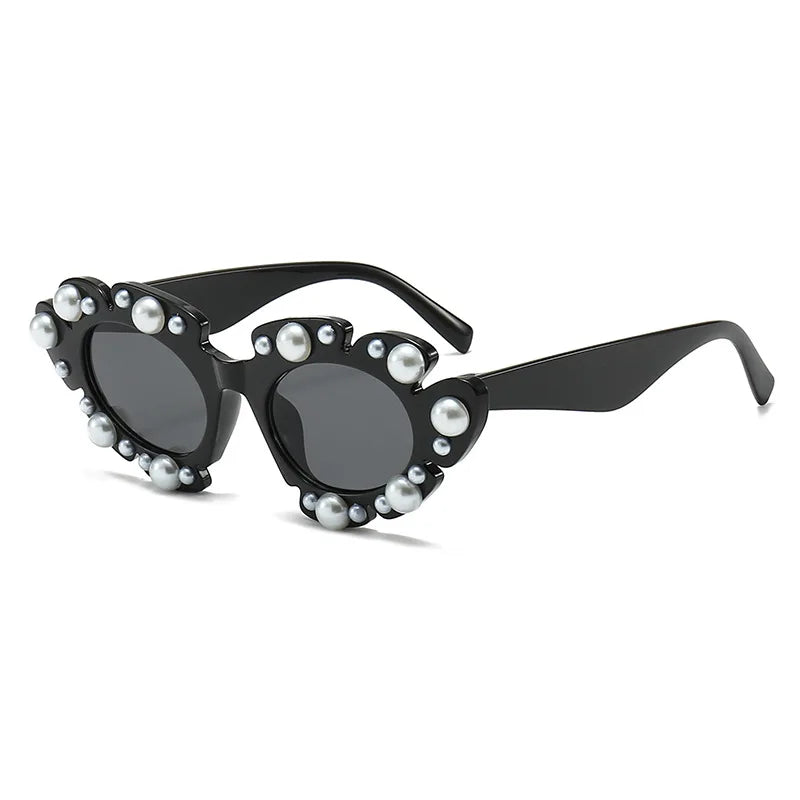 High Luxury Sunglasses with New Flower & Pearl Inlaid UV400 Cat's Eye Lenses Sweet European and American Fashion