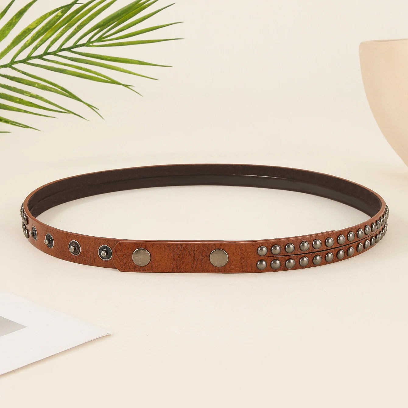Skinny Retro Punk Studded Mushroom Rivet Belt for Jeans Pants Dresses Thin PU Leather Belts No Buckle Women Fashion Leather Belt