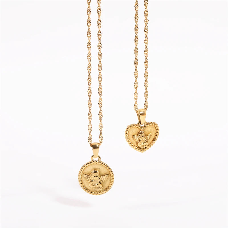 High End  18K Gold Plated Round Angel Pendant Necklace Stainless Steel PVD Plated Jewelry Trendy Jewelry Women Gift