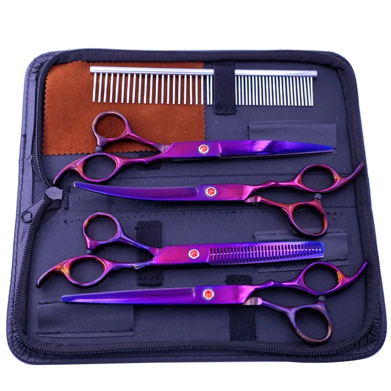 7" Professional Grooming Scissors Kit for Pets Curved and Straight Stainless Steel Pet Hair Scissor Set Sustainable Feature"