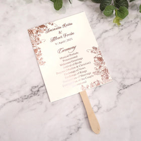 Rose Gold Foiling Wedding Event Programme Fans with Wedding Party Menu