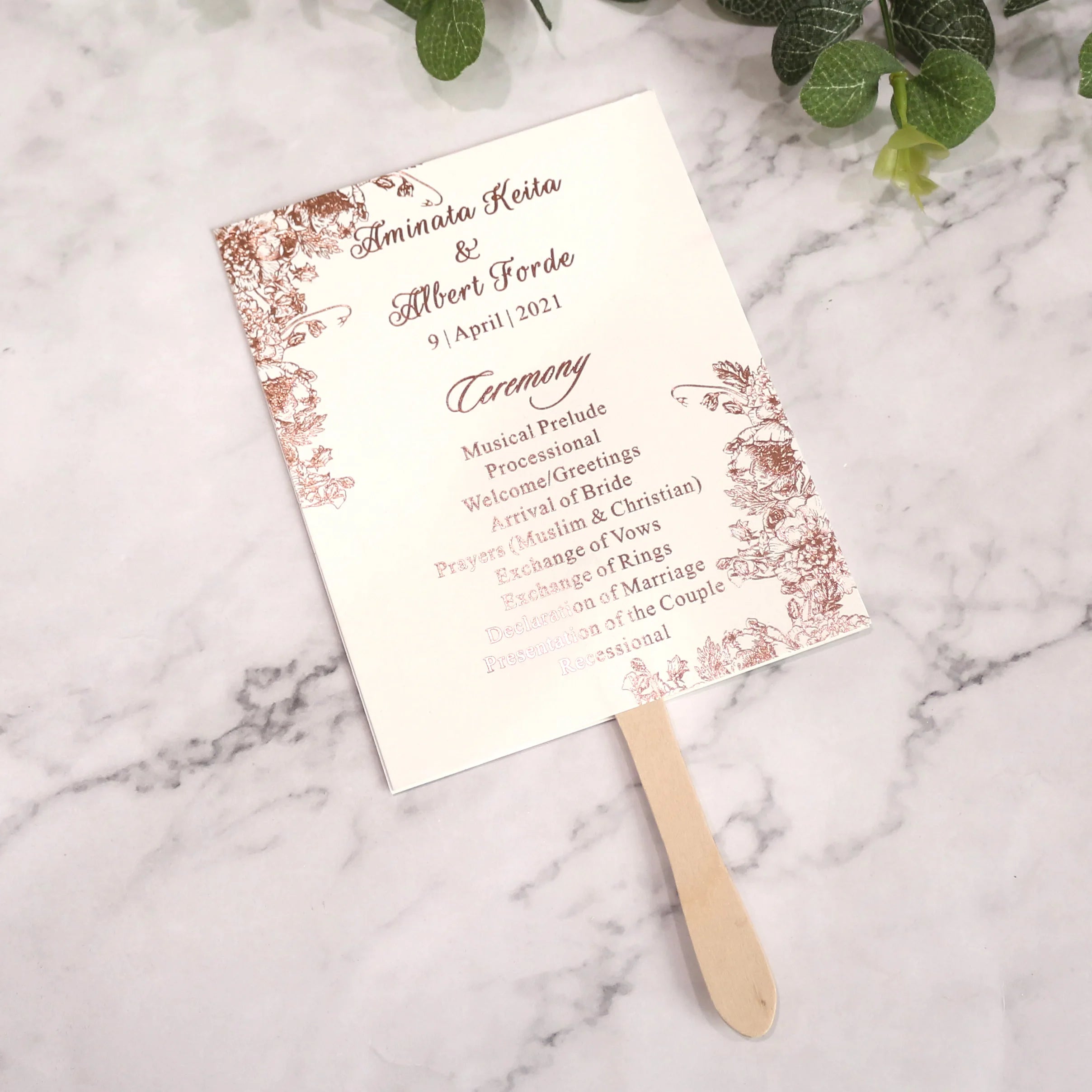 Rose Gold Foiling Wedding Event Programme Fans with Wedding Party Menu