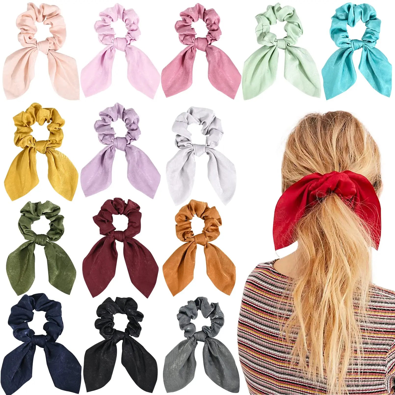 Bow Hair Scrunchies Bunny Ears Silk Hair Ties Bobbles Elastic Hair Ties Ropes Ponytail Holder Hair Accessories for Women Girls