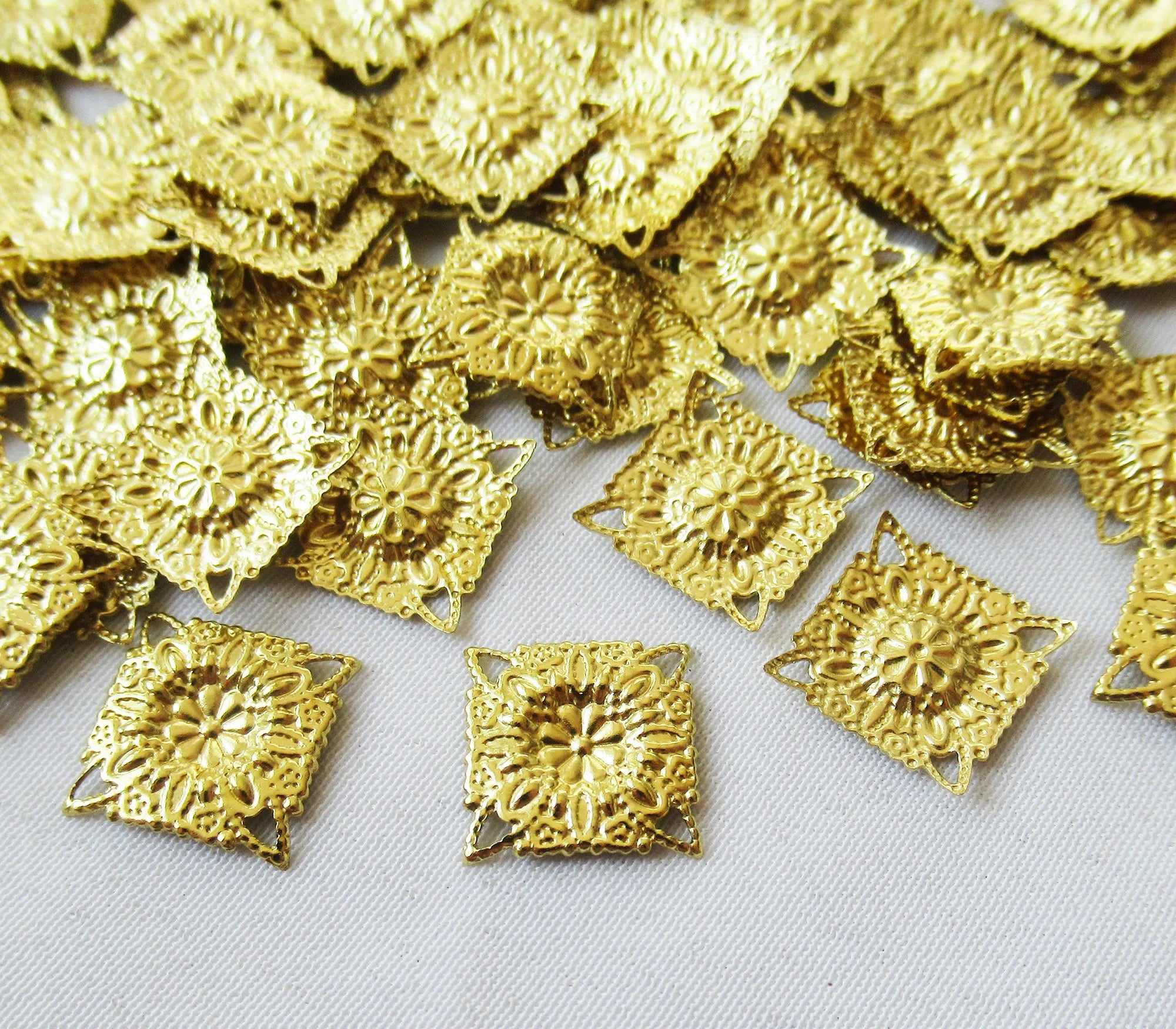 Square Brass Filigree Textured Flower 10mm Charm for Jewelry Making