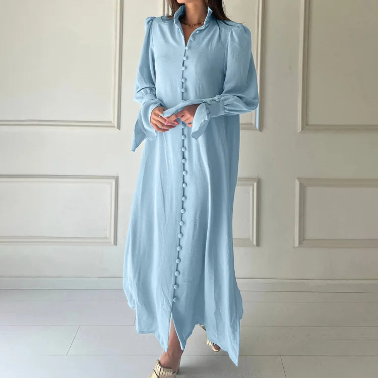 Enyami French Cozy Style Early Spring New Long Sleeve Standing Neck Buttons Woven Design Women Casual Maxi Dress