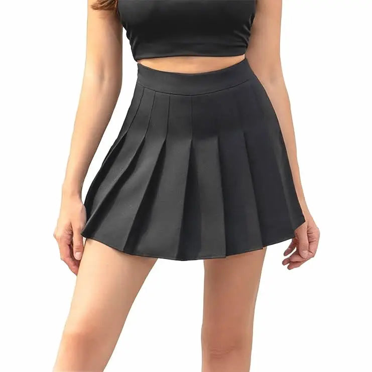 High Waisted Pleated A-Line Mini Skirt for Girls Women Quality Fabric Plain Plaid Skater Tennis School Uniform Lining Shorts