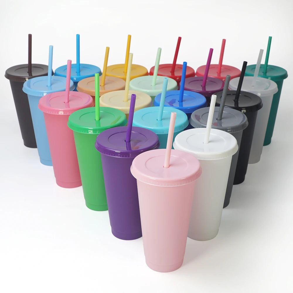 Solid Color Single Wall 24oz 710ml Reusable pp Cold Water Drink Coffee Mug Tumbler Plastic Cups with Lids and Straws