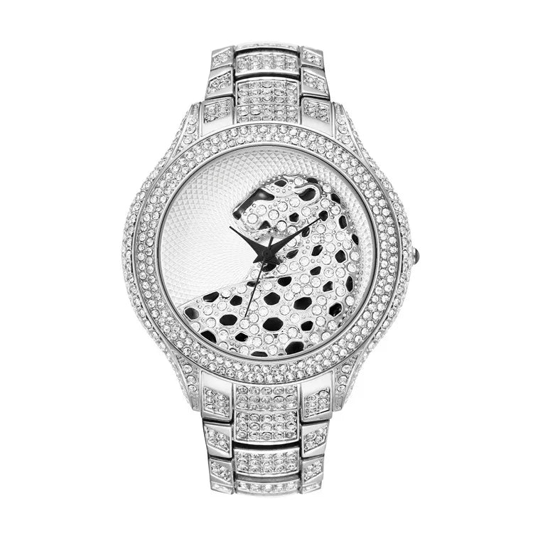 MissFox V223 Black Leopard Watch Luxury Brand Male Golden Clock Charms Full Diamond 18K Gold Watch Men Wrist Hip Hop Quartz MegaBDM