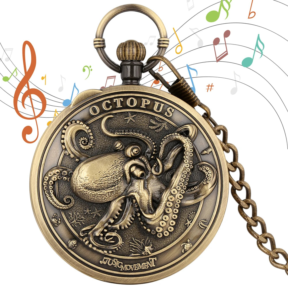 Unique Antique Octopus Design Playing Song Music Box Quartz Pocket Watch with Chain for Gift