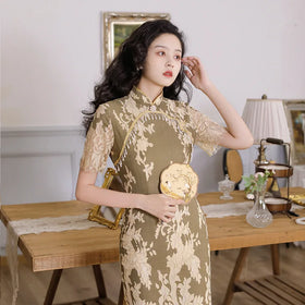 2023 Wholesale National Style Mid-long Double-layer Improvement Daily Fashion Lace Cheongsam