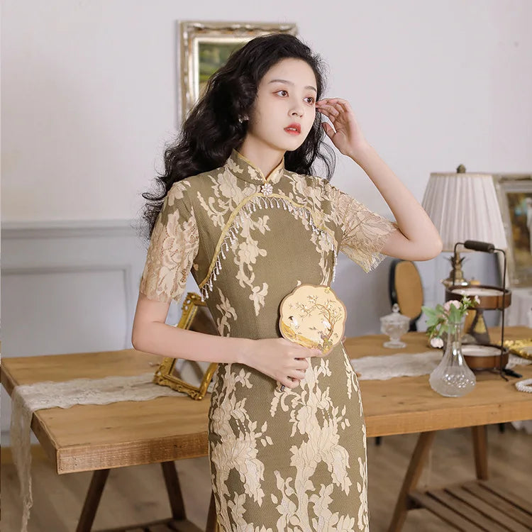 2023 Wholesale National Style Mid-long Double-layer Improvement Daily Fashion Lace Cheongsam