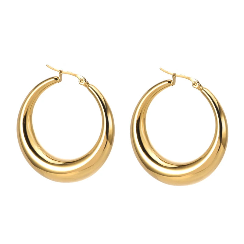 Fashion 18K Gold Plated Stainless Steel Jewelry Statement Hollow Out Big Large Thick Tube Hoop Earrings for Women