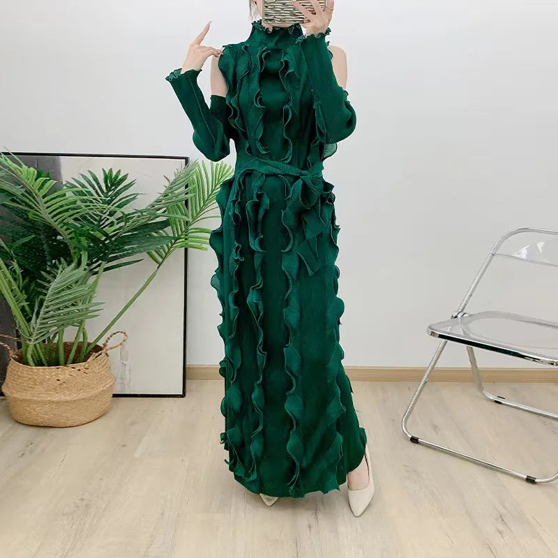 Women's Vintage-Style Long Sleeve Summer Dress Warm Winter Lace Skirt Pleated Technique New Arrival Solid Autumn Color Natural