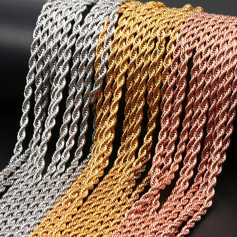 Fashion Trendy Stainless Steel 18K Gold Plated 3mm Rope Chain