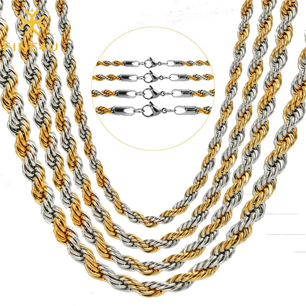 Wholesale Men Women Simple Tarnish Free Jewelry Gold Plated Necklace Stainless Steel Twisted Gold Rope Chains