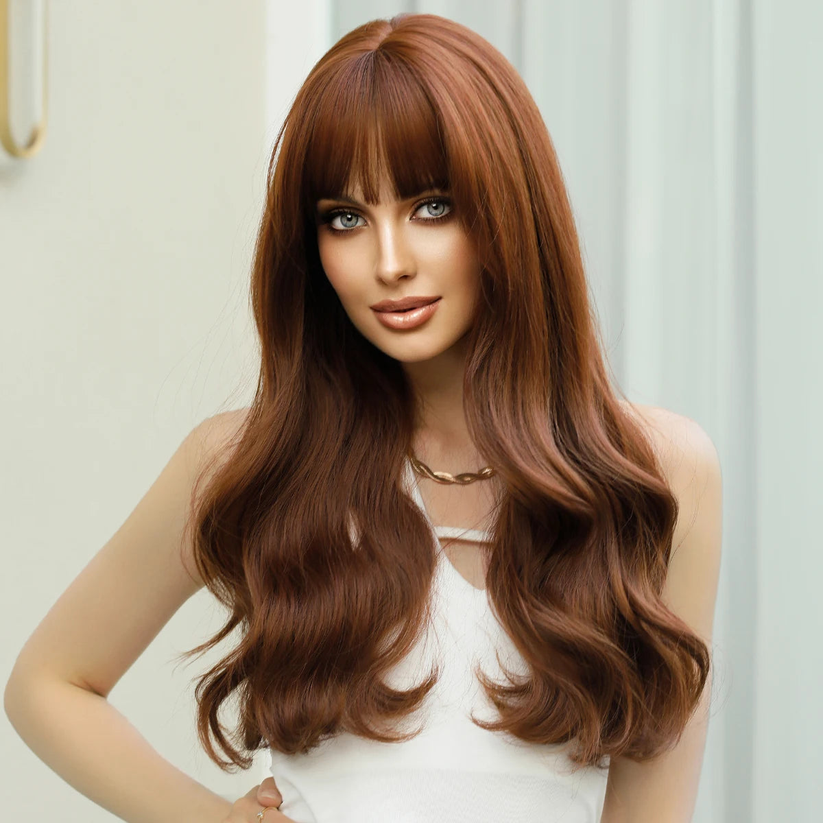 Synthetic Copper Wig with Bangs 24 Inch Water Wave Hair Wig for Black Women Natural Matte Brown Heat Resistant  Pelucas De Mujer