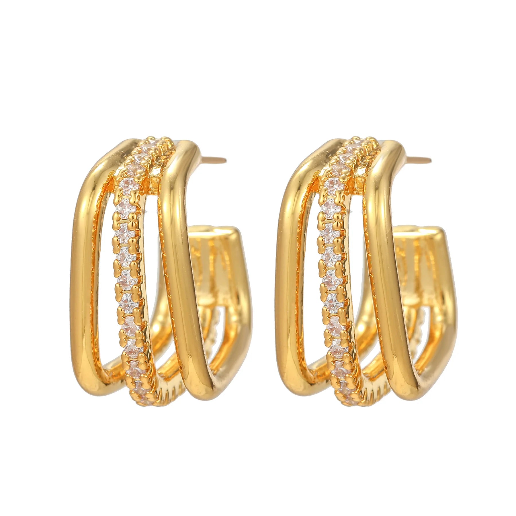 ZUOLA Vintage Luxury Jewelry 18K Gold Plated Geometric Square C Shape Stud Earrings Shiny Zircon for Women