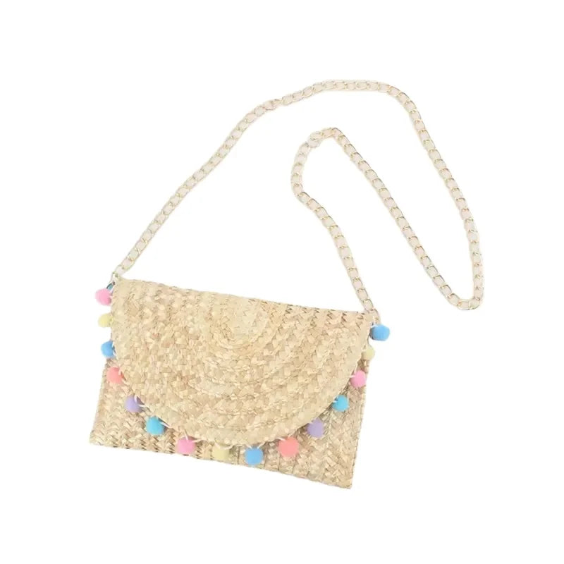 Fashionable Female Leisure Straw Woven Handbag Ruched Long Gold Chain New Pompom Soft Durable Lightweight Eco-Friendly Beach Use