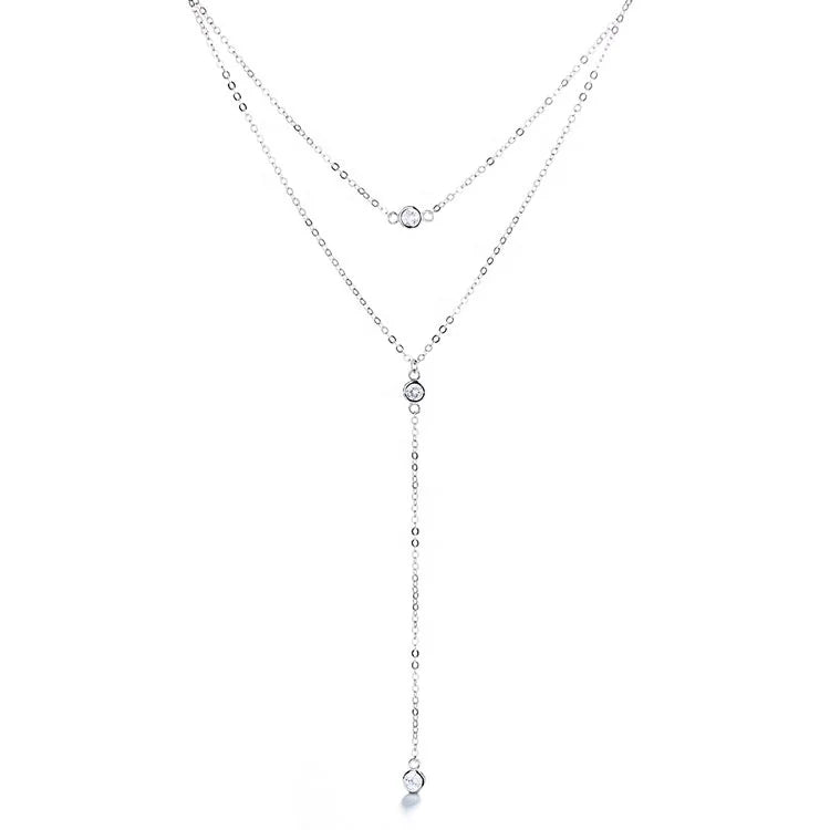 Fashion Jewelry Real Silver 925 Double Layer Chain CZ Stone Necklace for Women