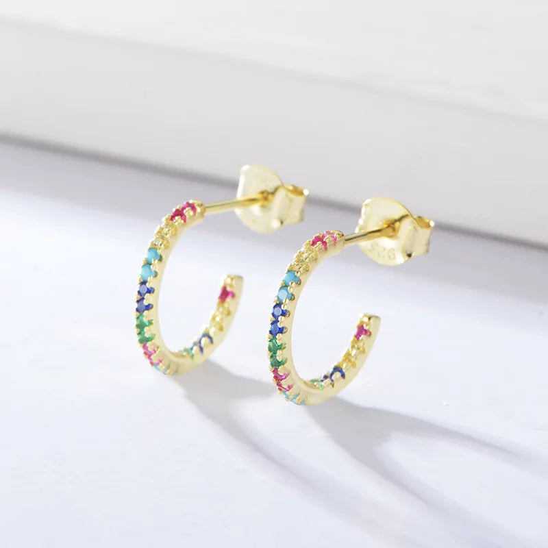Classic Full Colorful Zircon 925 Sterling Silver Gold Plated Rainbow CC Shape Stud Earrings Women Jewelry