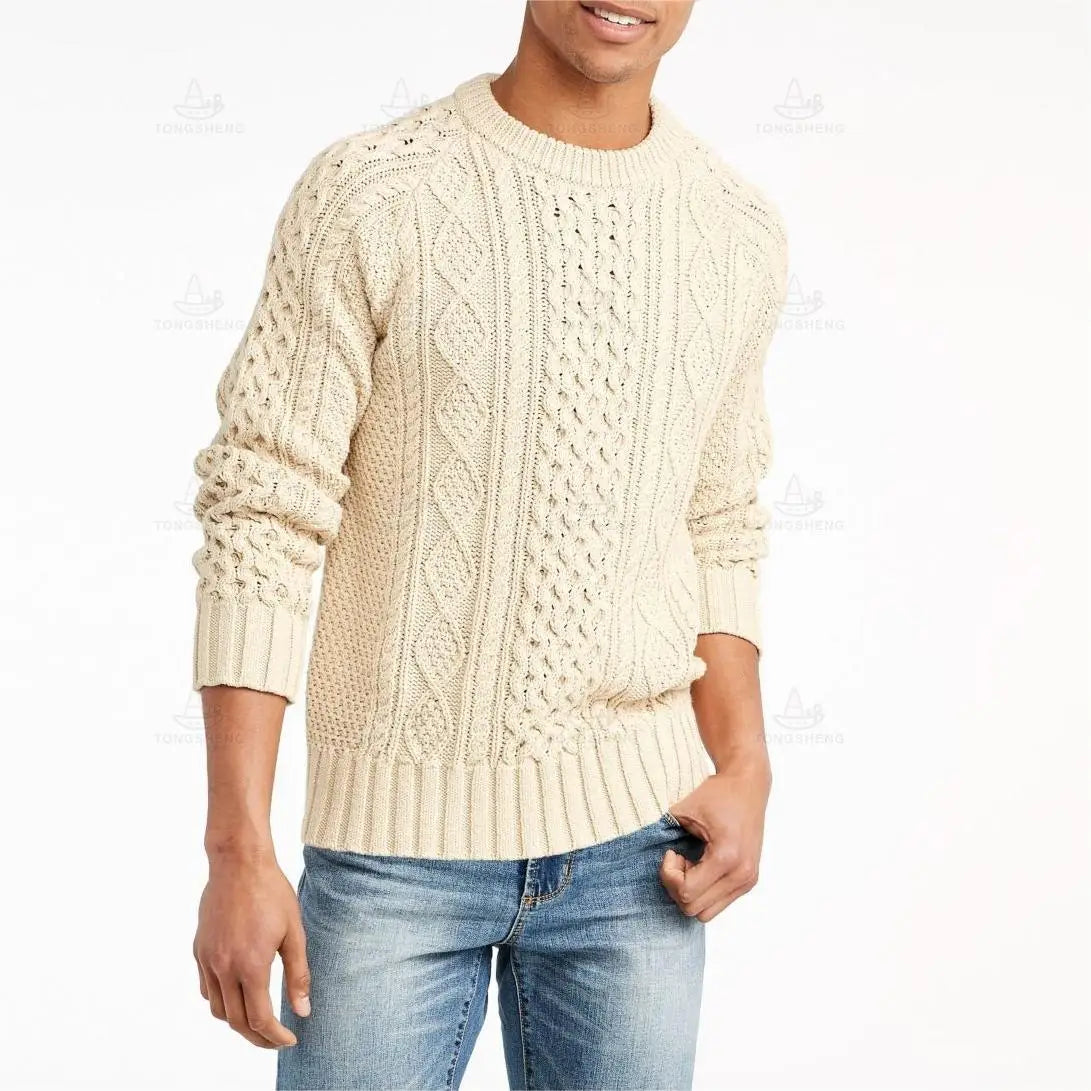 Men's Knitted Crewneck Pullover Long Sleeve Fishing Sweater Chunky Cable Knit Oversized Fisherman Sweater Men