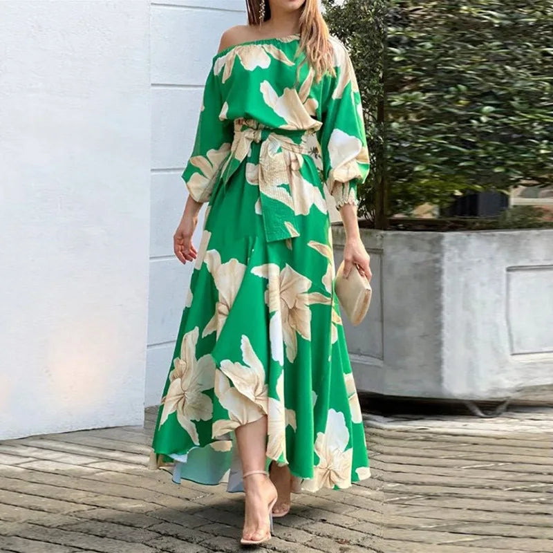 Fangxin Good Quality 2023 3XL Size Long Lantern Sleeve Dress One-Piece Floral Womens Dresses for Ladies
