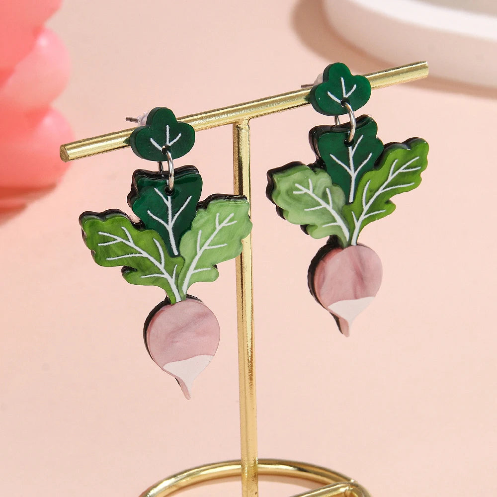 New Easter Handmade Green Lupine Leaves pink Carrots Sweet Cute Fruit Radish Earrings Acrylic Earrings Suitable for Holiday Wear