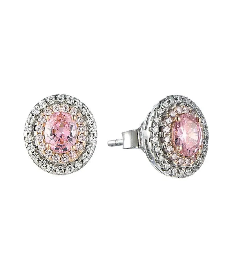 Sterling Silver 925 Premium Austrian Crystal Fashion Oval Shape Pink Sapphire 925 Sterling Sliver Zircon Double Halo Earrings