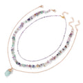 Women's Boho Fashion 3-Piece Set Natural Quartz Crystal Multi-Layer Necklace with Gold Plated Raw Stone Pendant Jewelries