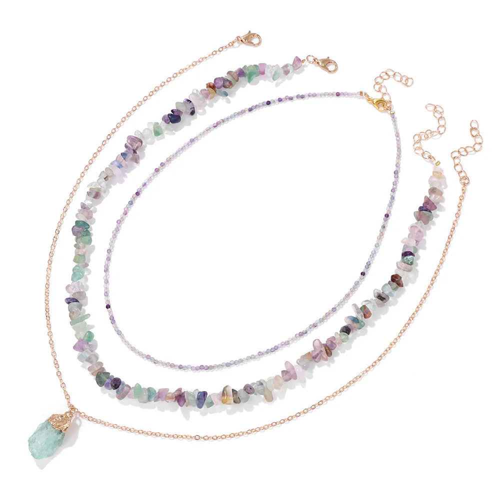 Women's Boho Fashion 3-Piece Set Natural Quartz Crystal Multi-Layer Necklace with Gold Plated Raw Stone Pendant Jewelries