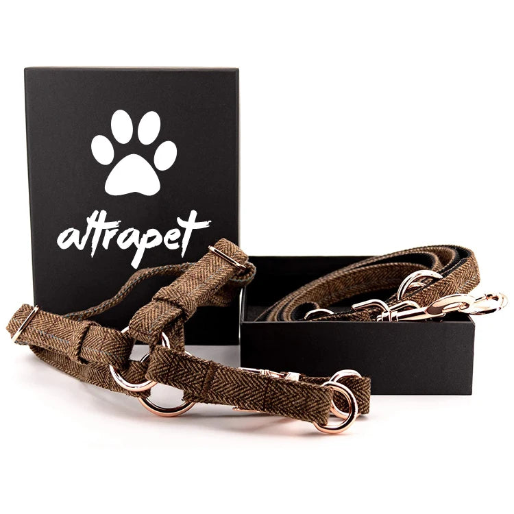 Wholesale Custom Luxury Strong Tweed Wool Nylon Dog Harness and Leash Set With Rose Gold Metal Accessories