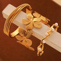 Chic Style Pearl Flowers Open Bangle Waterproof Jewelry Gold Plated Non Tarnish Chunky Statement Hollow Cuff Bracelet Bangle