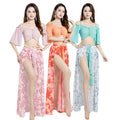 Sexy Belly Dance Performance Slim Shoulder Strap Flared Sleeve V-neck Top Long Skirt with Safety Shorts Costumes Suit for Women
