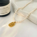 Freshwater Rice Pearl Zircon Beads Necklace Fashion Jewelry Vintage Stainless Steel Gold Plated Rose Relief Anniversary