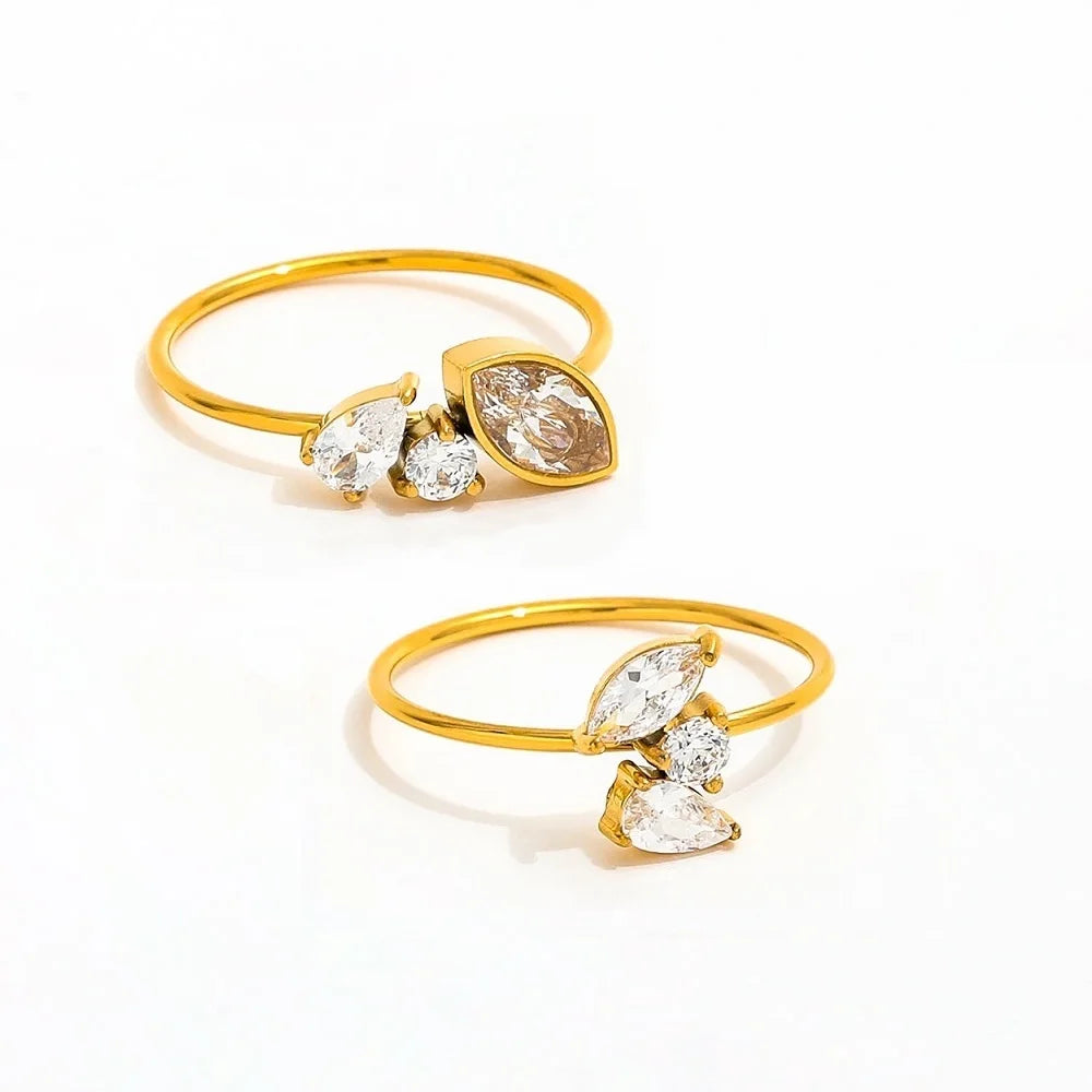 Joolim High-End Stainless Steel 3-Zircon Ring 18K Gold Plated Irregular Abstract Design Bezel Setting Trendy Unisex Anniversary MegaBDM