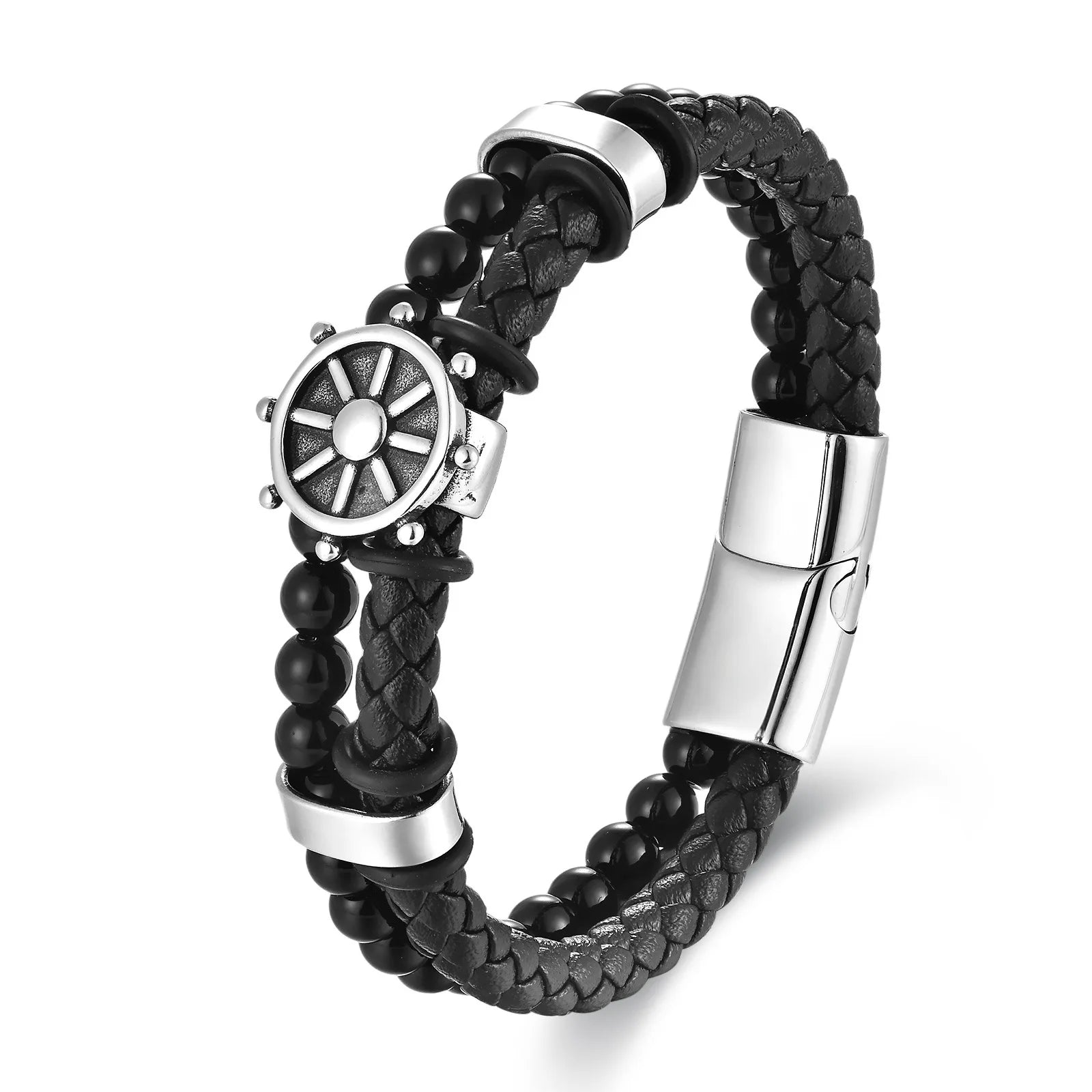 Fashion Stainless Steel Jewelry Gold 2024 Genuine Leather Beaded Bracelet Men Rudder Wholesale