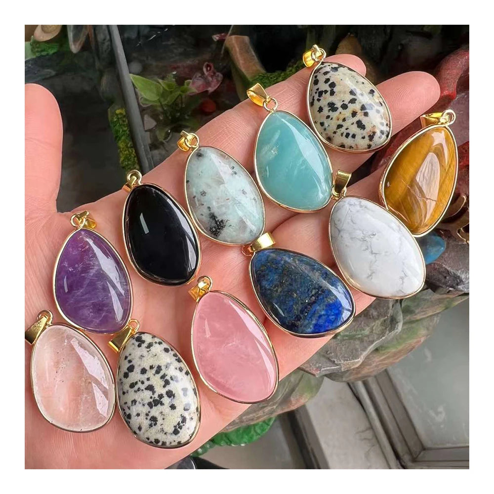 Healing Crystal Quartz Stone Charm Irregular Rose Quartz Charm Gold Bound Pendants Black Leather Rope Adjustable Necklace