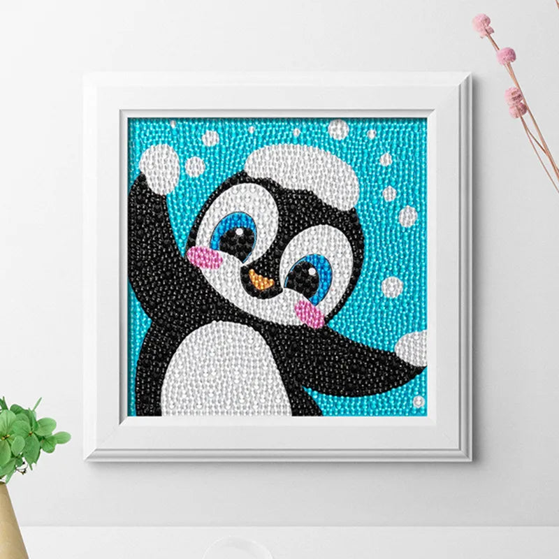 Cartoon DIY Kids Diamond Painting Kit-Cute Penguin Animal Design 100% Full Diamonds Environment Friendly Assorted Colors 18x18cm