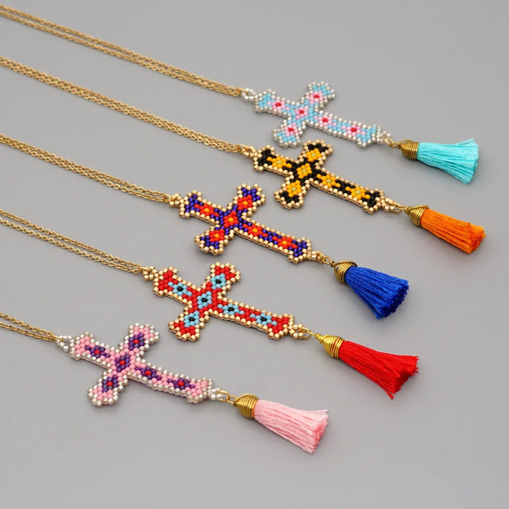 Personality Retro Pattern Cross Miyuki Seed Beads Handmade Beaded Necklace Women